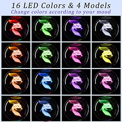 3D Axolotl Crystal Ball Night Light with 16 Color LED Wooden Base, Premium 2.4 Inch Axolotl Glass Ball Lamps with Remote for Birthday Holiday, Cool Axolotl Toy Decor Gifts for Boys Girls Kids
