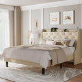 Feonase Queen Bed Frame with Luxury Wingback and Fast Charging Station,Queen Upholstered Button Tufted Storage Headboard Platform Bed,Sturdy Wooden Slats Support,Noise-Free,Easy Assembly, Beige