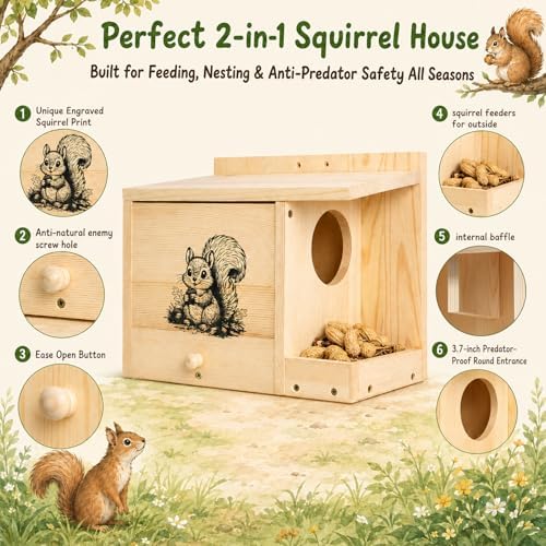 Large Squirrel House for Outside, Squirrel Nesting Box with Squirrel Feeder