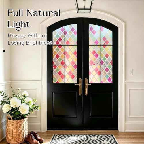 Haton Stained Glass Window Privacy Film, Colorful Diamond Lattice
