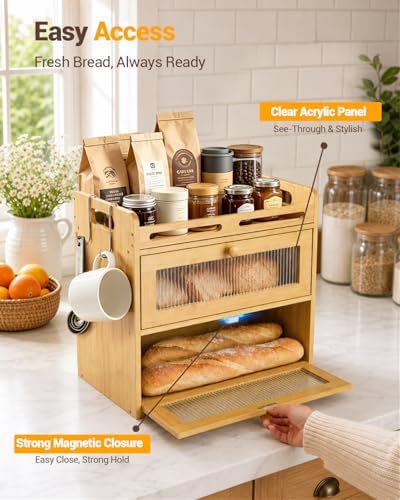 Bread Box for Kitchen Countertop, 2-Tier Bamboo Storage with Top Shelf