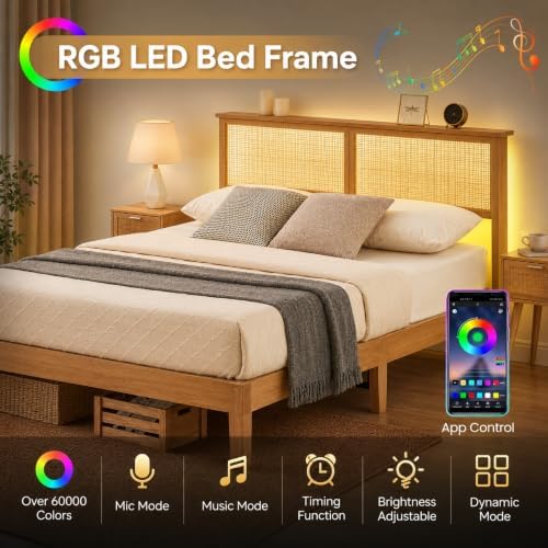 Jojoka Farmhouse Rattan Bed Frame with Natural Headboard & RGB LED Lights - Sturdy Wood Platform, Silent Slats, Generous Underbed Storage, No Box Spring Needed, Bedroom Furniture (New Structure)