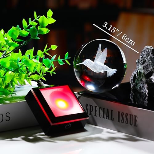 3D Crystal Ball Hummingbird Gift - 3.14'' 80mm Laser Decor Glass Animal Figurine Statue for Room Decorations With Night Light