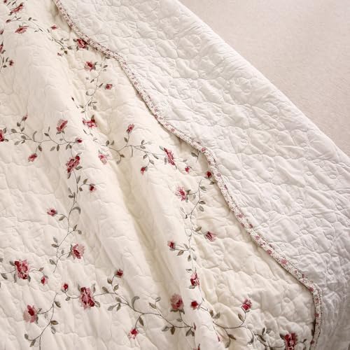 vctops 100% Cotton Quilted Throw Blanket 50x60 Inch Floral Embroidered Reversible Patchwork All Season Throw (Flower,50"x60")