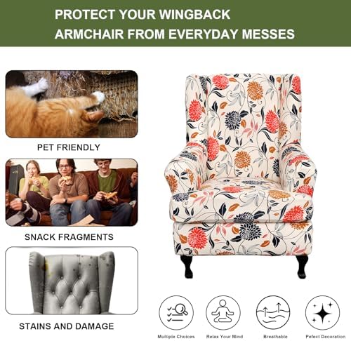 HAOYONG Wing Chair Slipcovers Printed Wingback Chair Covers 2 Pieces Wingback Armchair Slipcover Stretch Chair Slip Covers Washable Armchair Protector Cover for Living Room and Bedroom