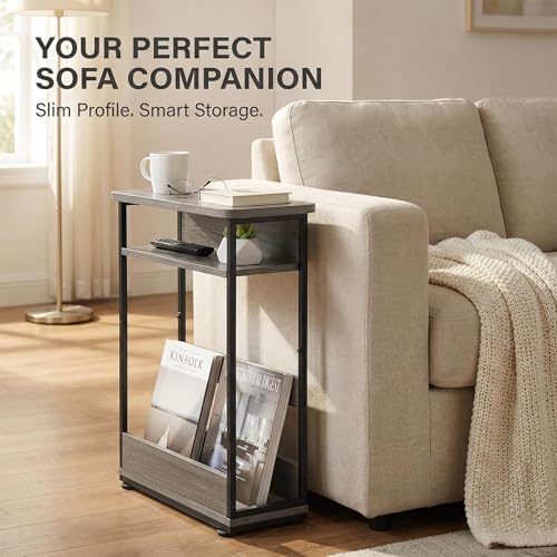 Narrow Side Table,3-Tier Slim End Table with Storage Shelf,Modern Sofa Table Thin Side Table for Narrow and Small Spaces, Skinny Bedside Table Small Nightstand with Magazine Rack Space Saving/Grey