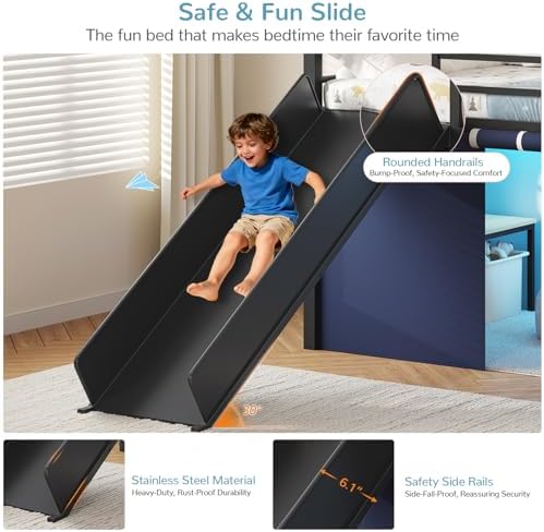 Twin Low Loft Bed with Slide and Safety Staircase, 2 Storage Drawers, Kids Twin Size Loft Bed with LED Lights, Under-Bed Play Tent, Built-in Desk, Metal Loft Bed with Safety Guardrail, Black and Blue