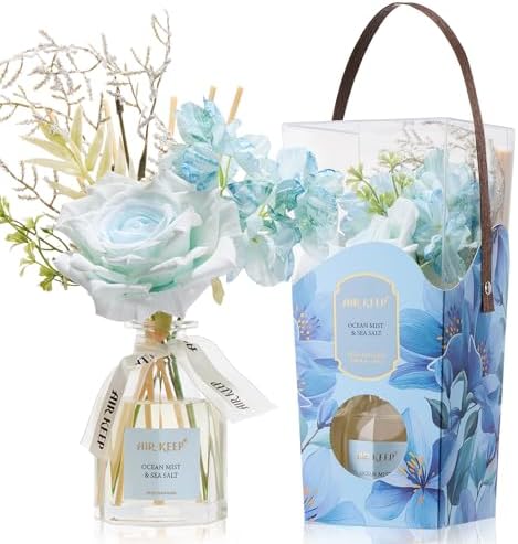 Airkeep Flower Reed Diffuser Set, Ocean Mist&Sea Salt Diffuser Gift Set,4.06 fl oz Essential Oil Sticks Diffusers for Bathroom Air Freshener, Aromatherapy Home Fragrance Shelf Decor, Gift for Women
