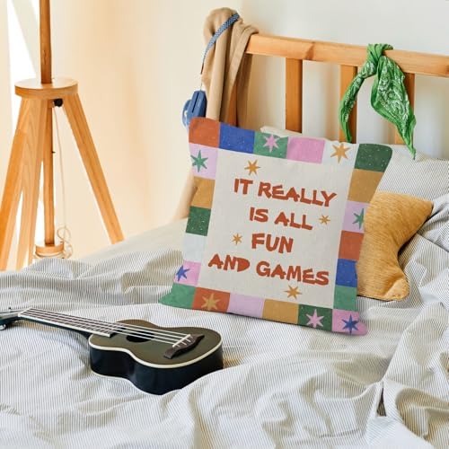Funny Kids Playroom Throw Pillow Cover 18x18, Vintage Nursery Decorative Pillow Covers for Kids Toddler Nursery Bed Gaming Room Bedroom, Colorful Stars Game Accent Pillows Cover Pillowcases
