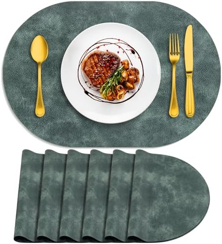 ADRIMER Oval Placemats Set of 6, Wipeable Faux Leather, Blue & Green