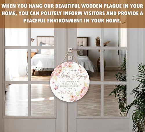 Shhh Baby Sleeping Hanging Sign, FLoral Wooden Round Door Hanger For Baby Room Front Door Nursery Kids Bedroom, Please Do Not Knock Or Ring Doorbell Sign For Outdoor Porch -04