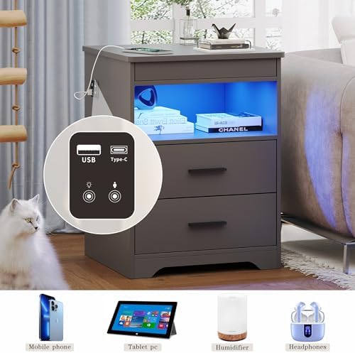 Nightstand with Gun Drawer, Charging Bedside Table with USB & Type-C Port, LED Night Stand with Human Sensor Light, Modern End Table with Drawers for Bedroom Office, Grey