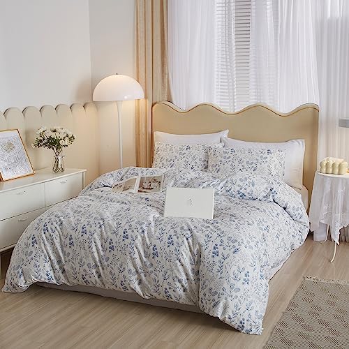 Duvet Cover Full 3 PCS Blue Floral Bedding Set Botanical Printed on White Duvet Cover Soft Cotton Comforter Cover with Zipper Closure 4 Ties for Teen Girls-80x90 Inch