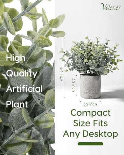 Velener 2 Pcs Small Fake Plants Eucalyptus, Artificial Plants Indoor for Shelf, Potted Eucalyptus Plants for Home/Bathroom/Pottery Barn/Desk/Farmhouse/Coffee Table Decor (Frosted Green)