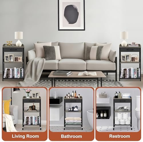 Tall Side Table, Narrow Side Table with Wheels, Black & Grey