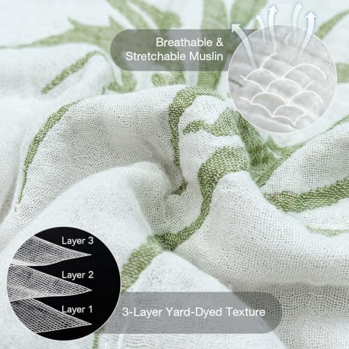 Simple&Opulence Cotton Muslin Blanket King Size 104"x90", Reversible Yarn-Dyed Vintage Green Floral Jacquard, 3-Layer Gauze with Tassels, Soft Lightweight Breathable All-Season Bedspread for Bed Couch