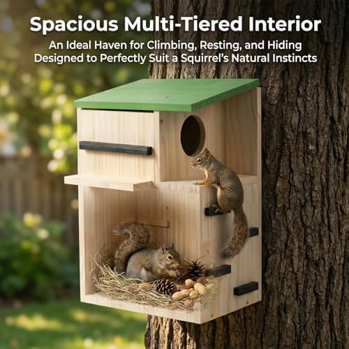 Large Squirrel Houses for Outside, Squirrels Nesting Box with Platform, Solid Wood Squirrel Box, Backyard Squirrel House Squirrels Feeders for Outside