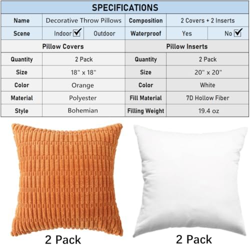 2 Pack Corduroy Decorative Throw Pillow with Inserts, 18x18 Inch Soft Boho Throw Pillow, Square Striped Throw Pillows for Couch, Bed, Sofa Decor