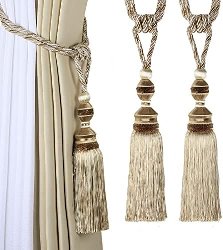 2 Pack Tassel Curtain Tiebacks Drapery Curtain Holdbacks-Beige