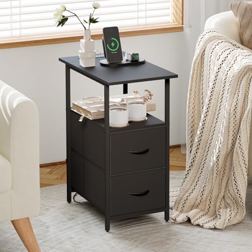Somdot Narrow End Table with Charging Station, 2 Drawers, Slim Side Table