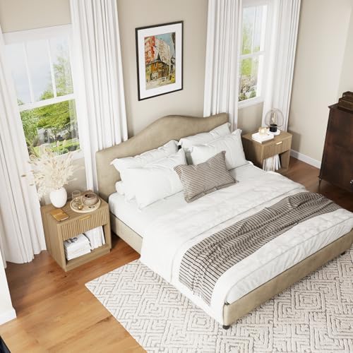 Fluted Nightstand Set of 2 with Charging Station,Drawer&Open Shelf,Natural