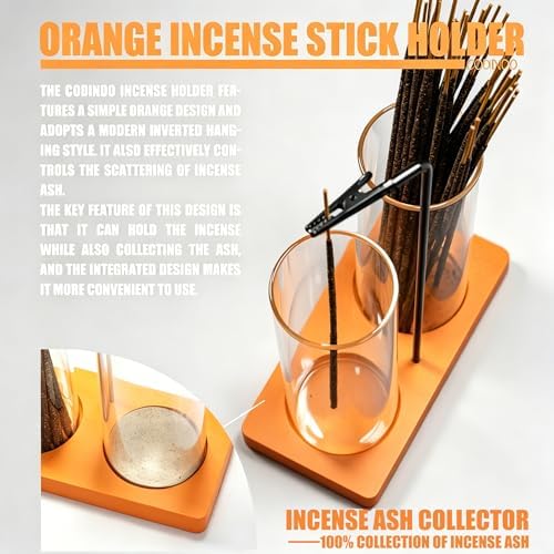 2 in 1 Incense Holder for Sticks Incense Burner Holder with Storage,Glass Upside Down Incense Holder for Sticks with Glass Ash Catcher for Meditation Yoga Spa Room Home Decor[2 Long Orange]