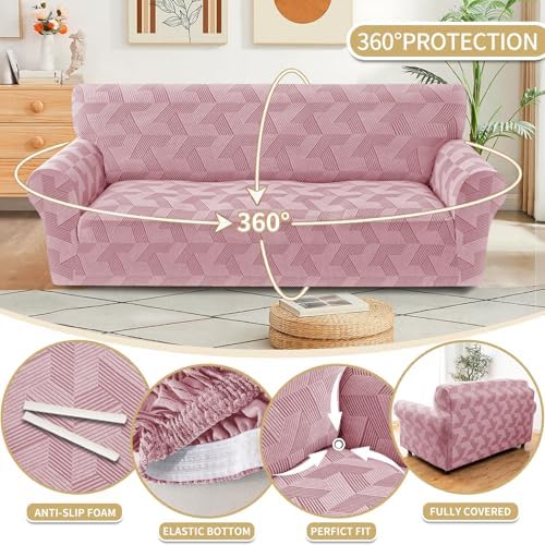 JIVINER 1 Piece Couch Cover for 2 Cushion Couch, High Stretch Loveseat Covers with Elastic Bottom, Washable Sofa Slipcovers for Dog, Pets Feature Geometrical Jacquard Fabric (Loveseat, Pink)