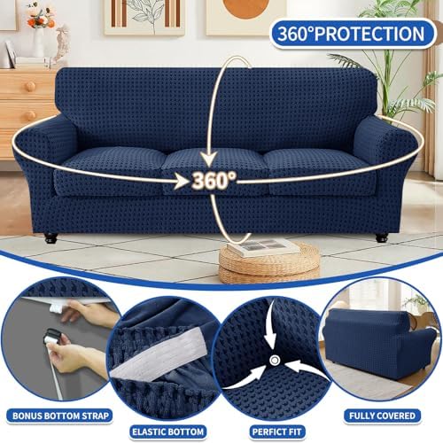 MAXIJIN 4 Pieces Stretch Couch Covers for 3 Cushion Sofa Pet Friendly Couch Cover for Dogs Washable Sofa Slipcovers Thick Soft Furniture Protector with Non Slip Strap (Navy Blue, 71"-91")