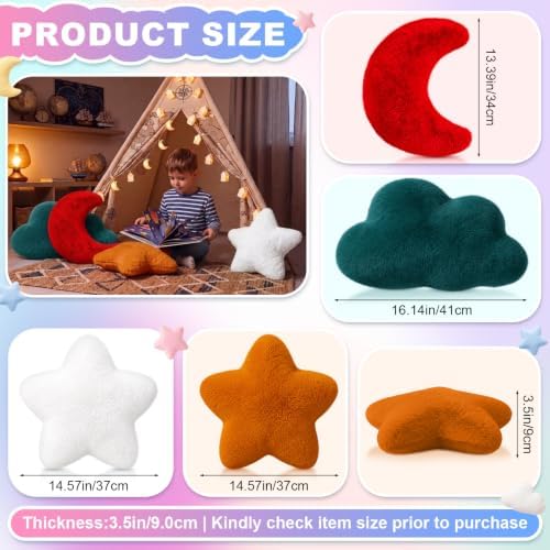 4 Pcs Plush Cloud Star Moon Throw Pillow Set, Brown, Burgundy, White, Green