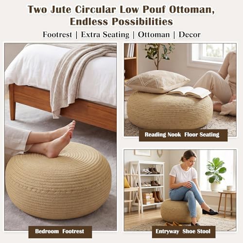 Briwooody 2 Pcs Handmade Round Jute Weave Low Pouf Ottoman