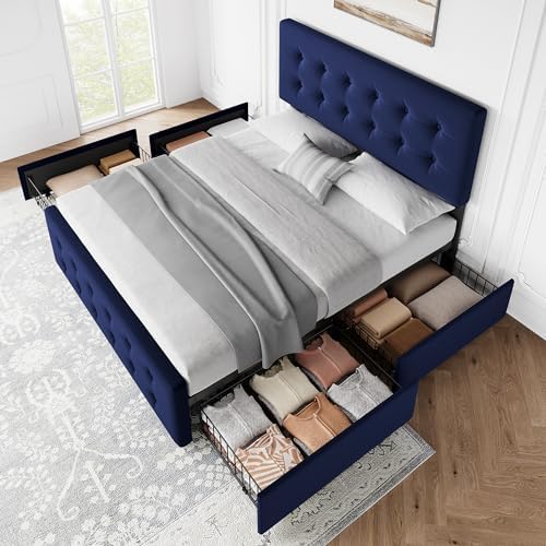 IDEALHOUSE Queen Size Bed Frame with 4 Storage Drawers and Headboard, Blue