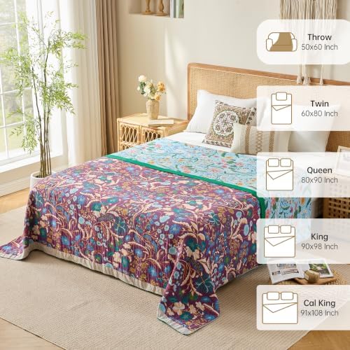 VANJOROY Boho Throw Blanket, 100% Organic Cotton Breathable Ultra Soft 91" x 108" King Bed Quilt Throw - All Season Floral Rustic Farmhouse Luxury Blanket for Sofa Couch Chair and Gift