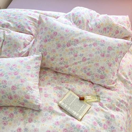 Floral 100% Cotton Duvet Cover Queen Size Double Layer Muslin Soft Breathable Gauze Bedding Set with Zipper,3 Pieces Aesthetic Comforter Covers 90"X90",1 Duvet Cover and 2 Pillowcases