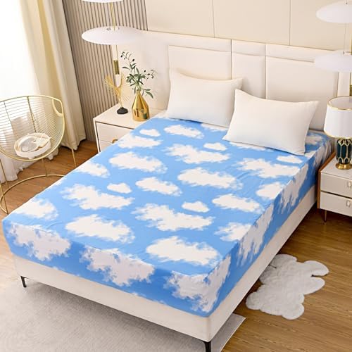 Bedding Fitted Sheet with Deep Pocket for Single Bed Mattress Cover Sheets,White Cloud Printed Fabric Bed Sheets (Blue Sky, Full)