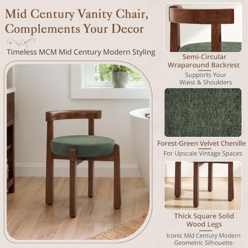 LUE BONA Wood Vanity Chair Stool with Back, Mid-Century Makeup Bench, Green