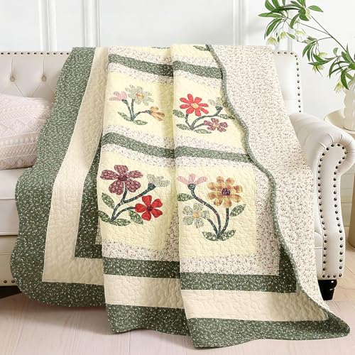 vctops 100% Cotton Quilted Throw Blanket 50x60 Inch Floral Embroidered Reversible Patchwork All Season Throw (Green A,50"x60")