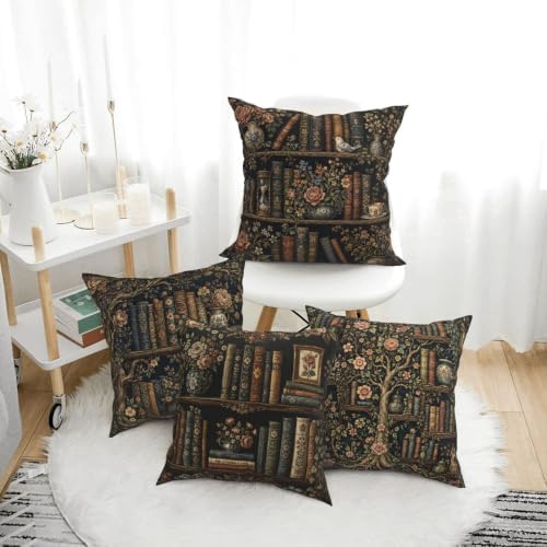 Wooden Bookself Decorative Throw Pillow Covers 18x18 Inch Set of 4