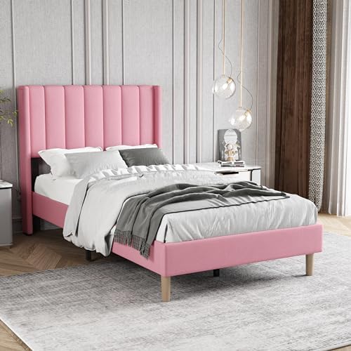 Twin Size Bed Frame with Velvet Upholstered Headboard, Pink