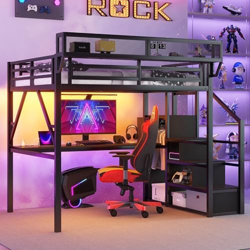 Queen Size Metal Loft Bed Frame with Desk, Staircase, Black