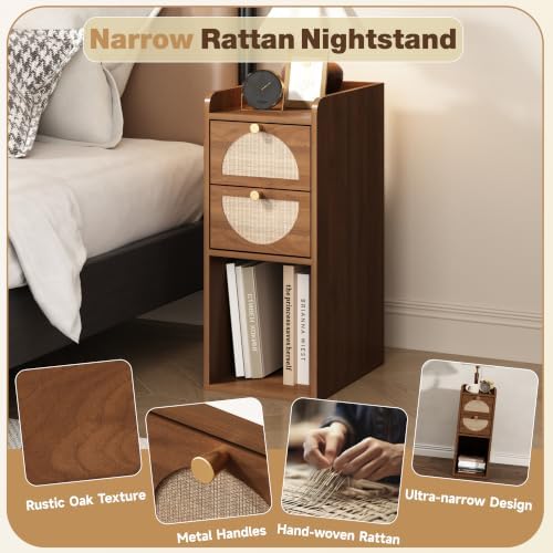 Narrow Nightstand Set of 2 (Rattan & Wood) - Small Bedside Table with 2 Drawers, Open Shelf, Mid Century Modern End Table - for Bedroom, Living Room & Small Spaces, Walnut