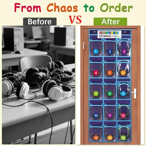 2 Pack Classroom Headphone Storage Organizer with 30 Pockets & 62 Labels