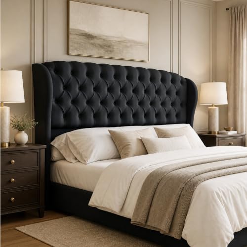 AMERLIFE Full/Queen Headboard Only, Velvet Curved Wingback, Black