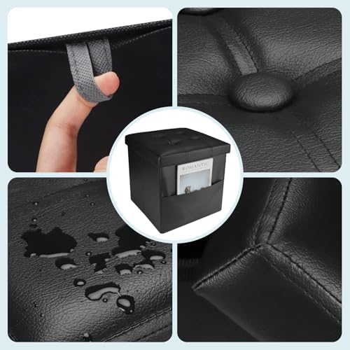 Bsketa Storage Ottoman Bench,15 Inch Folding Leather Foot Rest Stool, Black