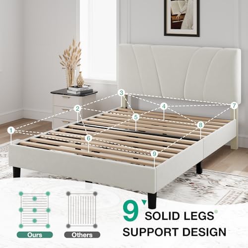 Novilla Queen Bed Frame, Queen Size Bed Frame with Wooden Slats Support, Velvet Upholstered Headboard, No Box Spring Needed, Heavy Duty Feet, Easy Assembly, White Velvet