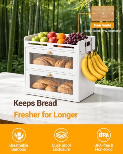 Bread Box for Kitchen Countertop, 2-Tier Bamboo Storage with Raised Shelf