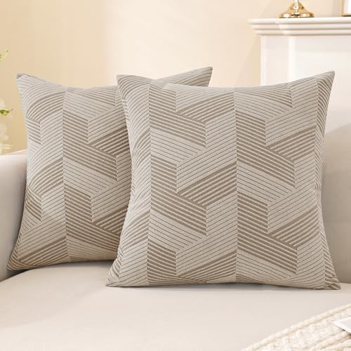JIVINER Decorative Geometrical Throw Pillow Covers 18 x 18 Inch, Set of 2 Soft Modern Pattern Pillow Covers for Sofa, Couch, Living Room, Khaki