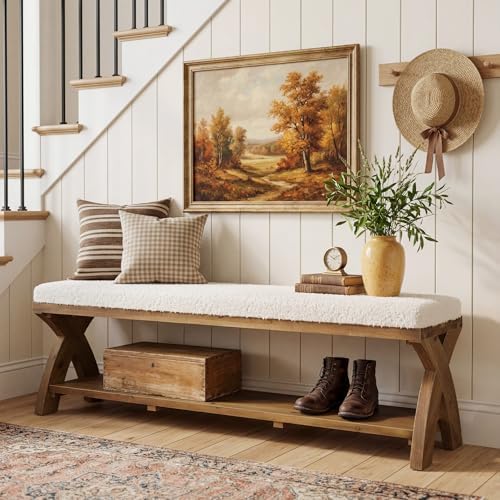 Solid Wood Shoe Bench with Cushion Padded Seat, 55-Inch Farmhouse Entryway Bench Shoe Rack Organizer with X-Shaped Legs for Hallway, Living Room, Closet