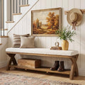 Solid Wood Shoe Bench with Cushion Padded Seat, 55-Inch Farmhouse Entryway Bench Shoe Rack Organizer with X-Shaped Legs for Hallway, Living Room, Closet