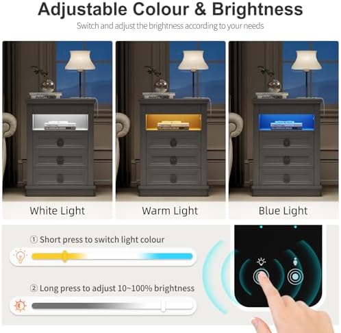 Farmhouse Nightstand Set 2 with Gun Drawer,Bedside Table with Charging Station and Human Body Senor,3 LED Lights Night Stand with 3 Drawers and Open Shelf,End Side Table for Bedroom(Grey)