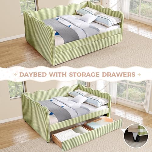 Full Size Daybed with Storage Drawers, Linen Gingham Daybed with USB Ports & Wave Shaped, Upholstered Day Bed Frame, Modern Sofa Bed for Living Room/Bedroom/Guest Room, No Box Spring Needed, Green